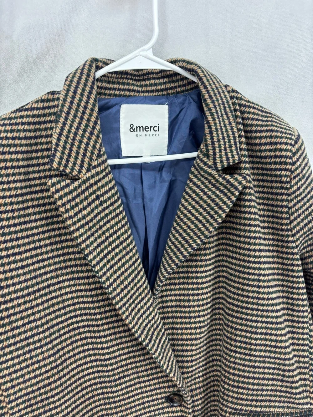 & Merci Tweed Blazer Jacket Brown Navy Houndstooth Lined Women’s Size Large